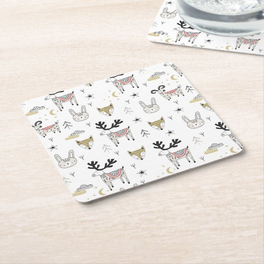 Cute Woodland Animal Doodle Pattern Kartonnen Onderzetters (Schuin)