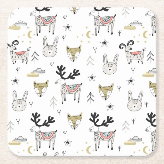 Cute Woodland Animal Doodle Pattern Kartonnen Onderzetters (Voorkant)