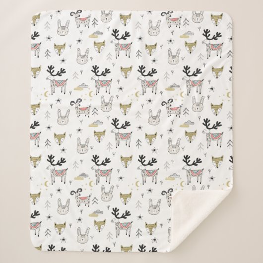 Cute Woodland Animal Doodle Pattern Sherpa Deken (Voorkant)