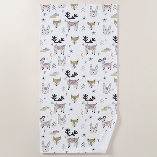 Cute Woodland Animal Doodle Pattern Strandlaken (Voorkant)