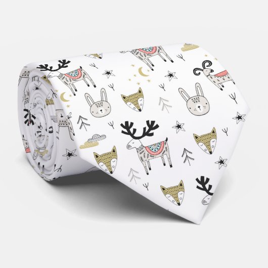 Cute Woodland Animal Doodle Pattern Stropdas (Opgerold)
