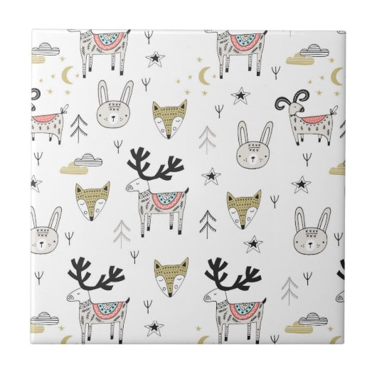 Cute Woodland Animal Doodle Pattern Tegeltje (Voorkant)