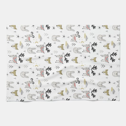 Cute Woodland Animal Doodle Pattern Theedoek (Horizontaal)
