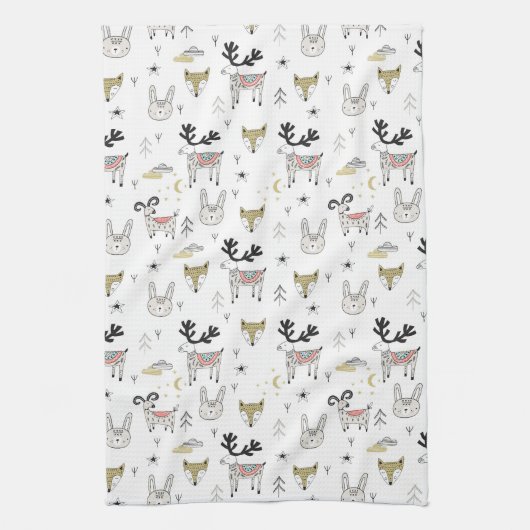 Cute Woodland Animal Doodle Pattern Theedoek (Verticaal)