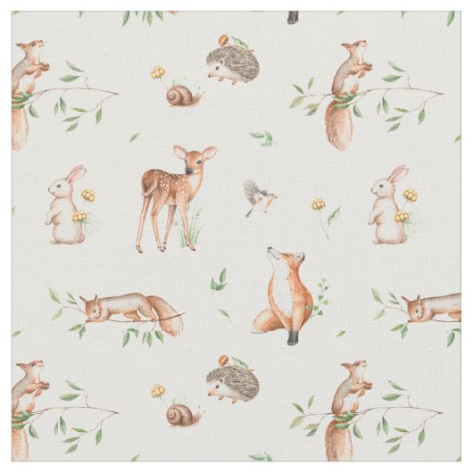 Cute Woodland Animal Friends Pattern Stof (Close Up)