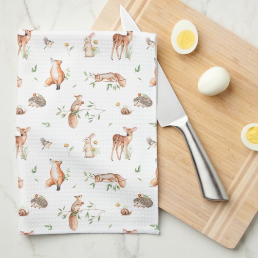 Cute Woodland Animal Friends Pattern Theedoek (Quarter Fold)