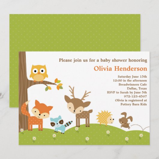 Cute Woodland Animal Invitations Kaart (Voorkant / Achterkant)
