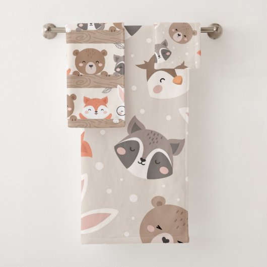 Cute Woodland Animal Kinder Pattern Bathroom Bad Handdoek (Insitu)