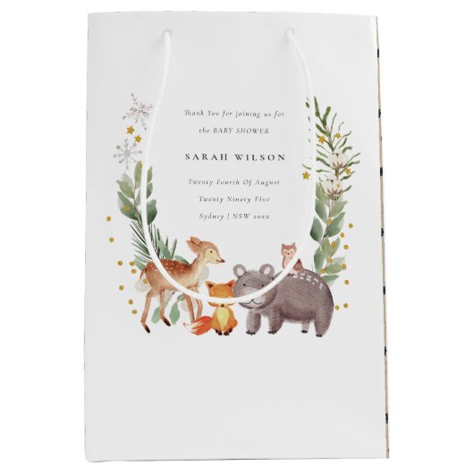 Cute Woodland Animal Leafy Wreate Baby shower Medium Cadeauzakje (Voorkant)
