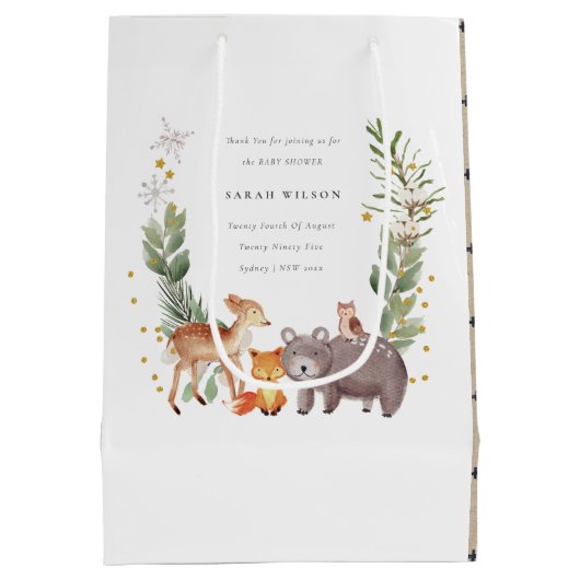 Cute Woodland Animal Leafy Wreate Baby shower Medium Cadeauzakje (Achterkant)