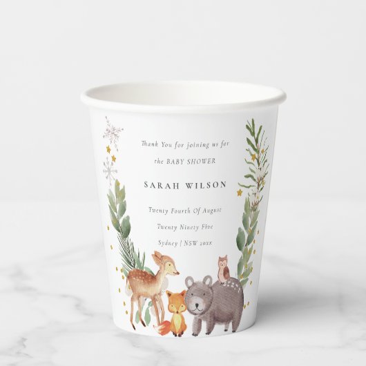Cute Woodland Animal Leafy Wreate Baby shower Papieren Bekers (Achterkant)