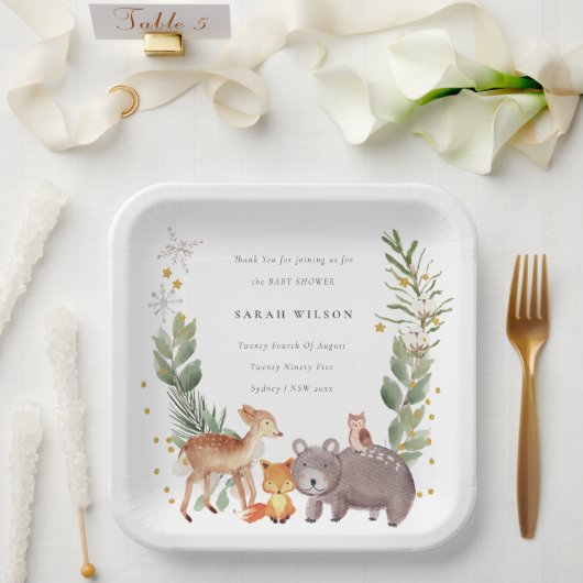 Cute Woodland Animal Leafy Wreate Baby shower Papieren Bordje (Huwelijk)