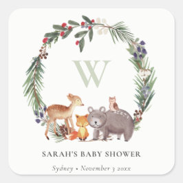 Cute Woodland Animal Leafy Wreate Baby shower Vierkante Sticker