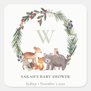 Cute Woodland Animal Leafy Wreate Baby shower Vierkante Sticker