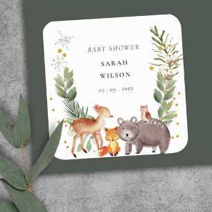 Cute Woodland Animal Leafy Wreate Baby shower Vierkante Sticker