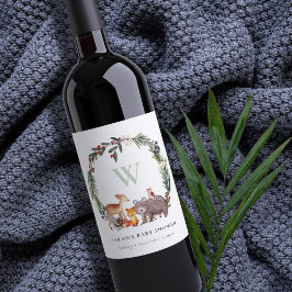 Cute Woodland Animal Leafy Wreate Baby shower Wijn Etiket