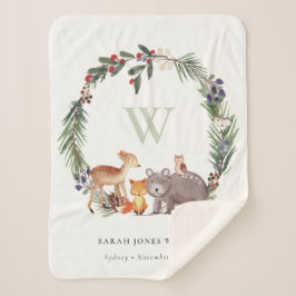 Cute Woodland Animal Leafy Wreatmonogram Kinder Sherpa Deken