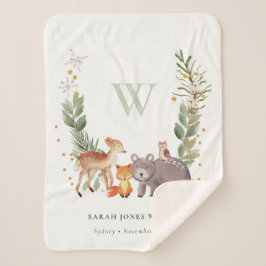 Cute Woodland Animal Leafy Wreatmonogram Kinder Sherpa Deken
