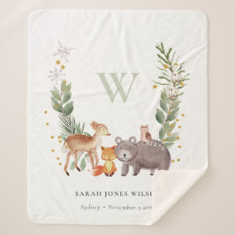 Cute Woodland Animal Leafy Wreatmonogram Kinder Sherpa Deken
