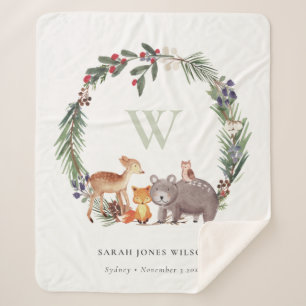 Cute Woodland Animal Leafy Wreatmonogram Kinder Sherpa Deken