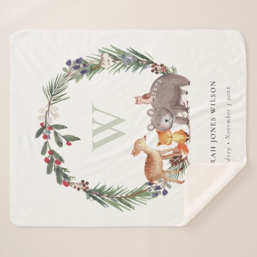 Cute Woodland Animal Leafy Wreatmonogram Kinder Sherpa Deken (Voorkant (horizontaal))