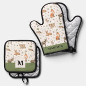 Cute Woodland Animal Pattern Ovenwant & Pannenlap Set (Voorkant / Achterkant)