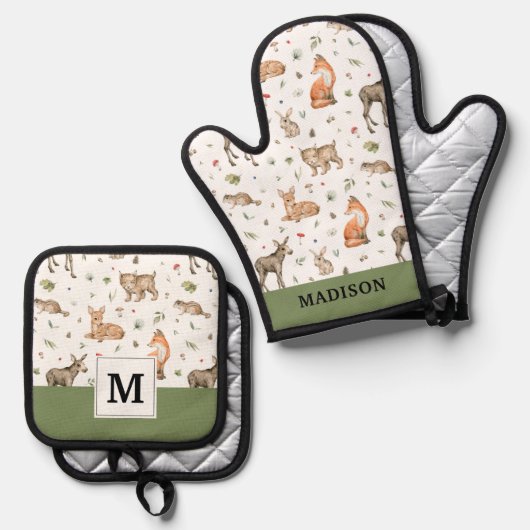 Cute Woodland Animal Pattern Ovenwant & Pannenlap Set (Voorkant / Achterkant)