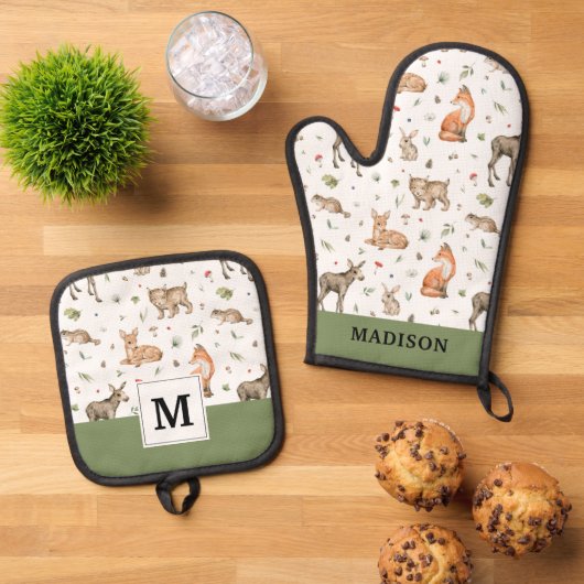 Cute Woodland Animal Pattern Ovenwant & Pannenlap Set (Top down)