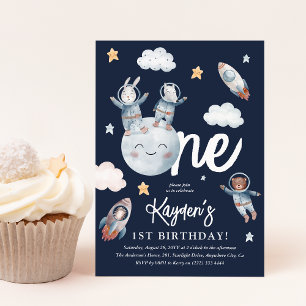 Cute Woodland Animal Space 1st Birthday Kaart