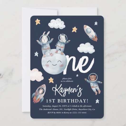 Cute Woodland Animal Space 1st Birthday Kaart (Voorkant)