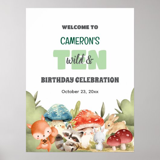 Cute Woodland Animals 10th Birthday Party Welcome Poster (Voorkant)
