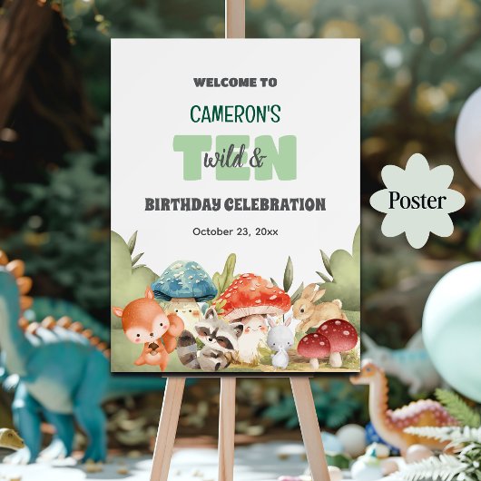 Cute Woodland Animals 10th Birthday Party Welcome Poster