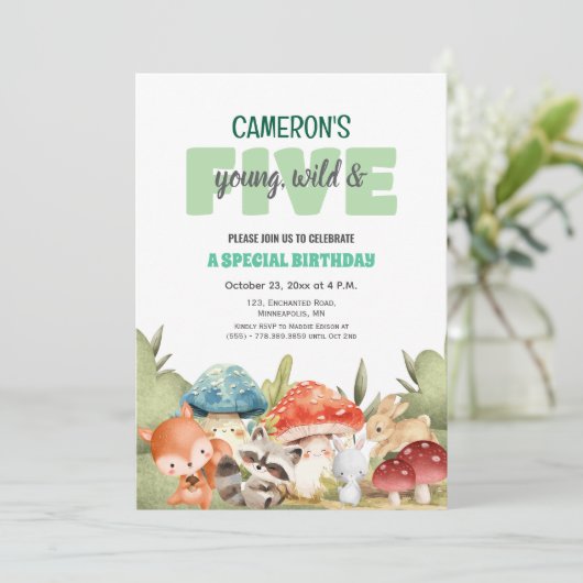 Cute Woodland Animals 5th Birthday Party  Kaart (Staand voorkant)