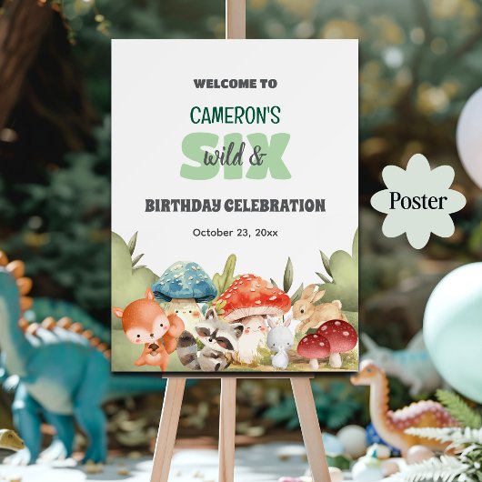 Cute Woodland Animals 6th Birthday Party Welcome Poster