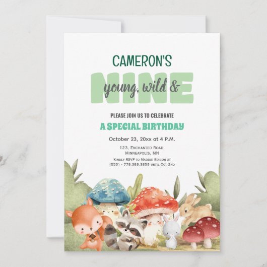 Cute Woodland Animals 9th Birthday Party  Kaart (Voorkant)