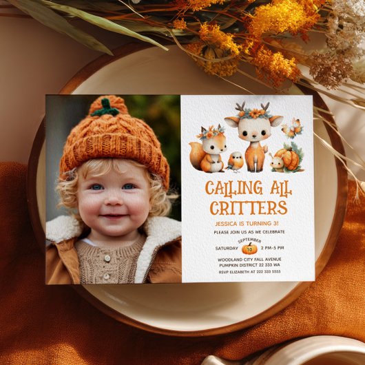 Cute Woodland Animals Autumn Kids' Birthday Photo Kaart