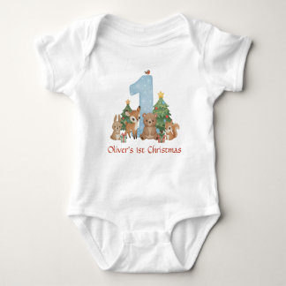 Cute Woodland Animals Baby First Christmas Blue 1 Romper