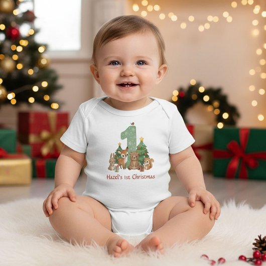 Cute Woodland Animals Baby First Christmas Green 1 Romper