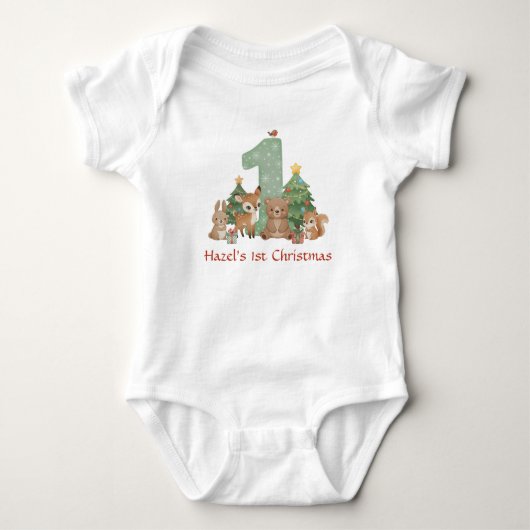 Cute Woodland Animals Baby First Christmas Green 1 Romper (Voorkant)