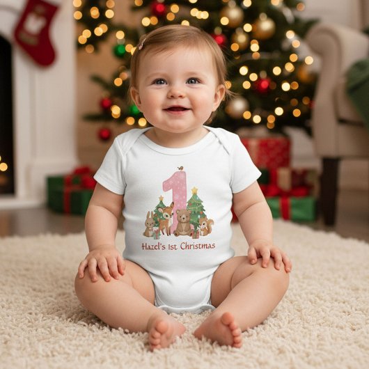 Cute Woodland Animals Baby First Christmas Pink 1 Romper
