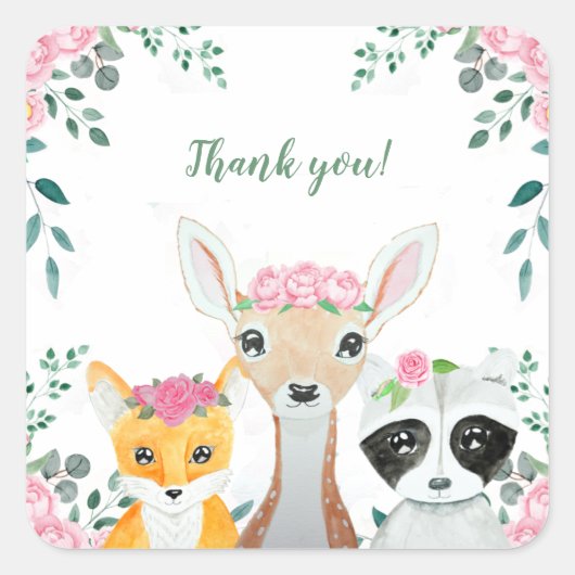 Cute Woodland Animals Baby Girl Shower Favors Vierkante Sticker (Voorkant)