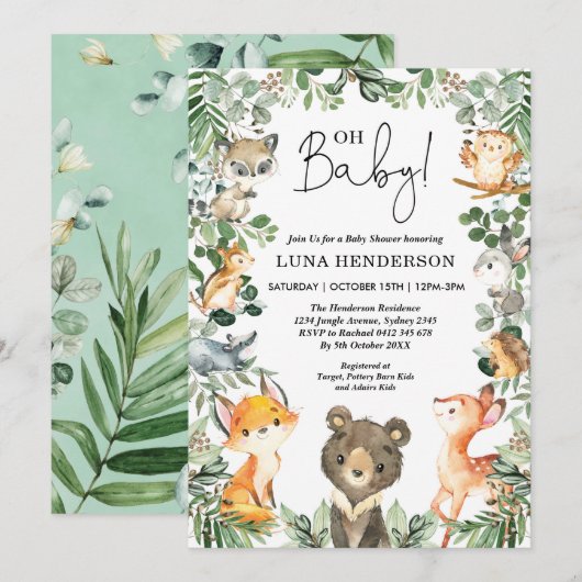 Cute Woodland Animals Baby shower Forest Greenery Kaart (Voorkant / Achterkant)