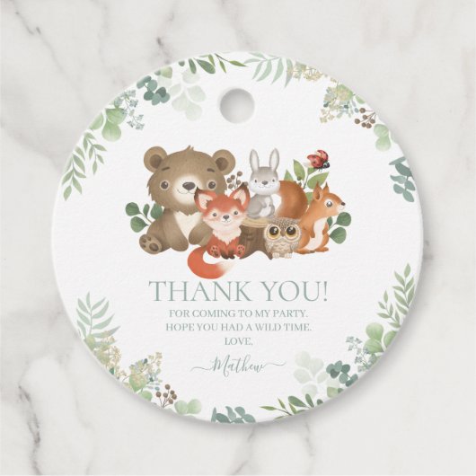 Cute Woodland Animals Baby shower Greenery Bedankjes Labels (Voorkant)