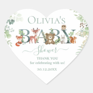Cute Woodland Animals Baby shower Greenery Favor Hart Sticker