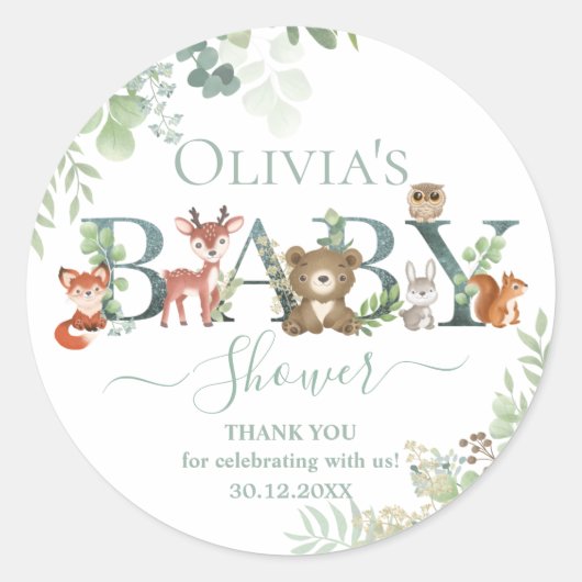 Cute Woodland Animals Baby shower Greenery Favor Ronde Sticker (Voorkant)