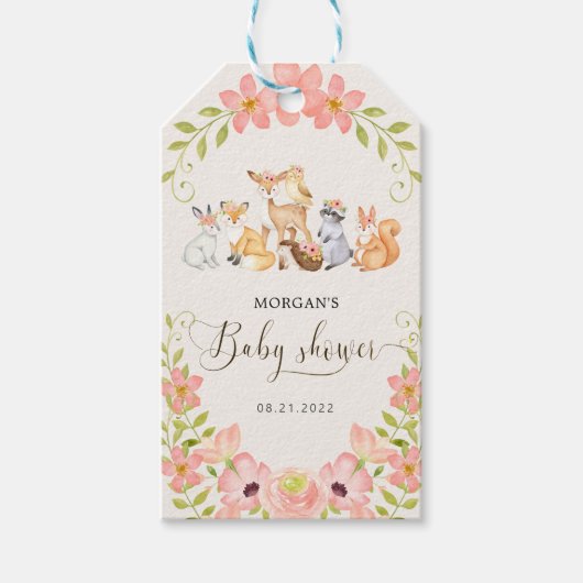 Cute Woodland Animals Bloemige Baby Shower Cadeaulabel (Voorkant)