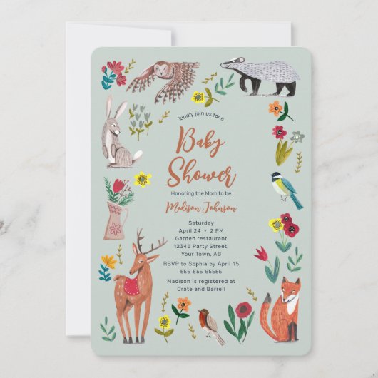 Cute Woodland Animals Blue Baby shower Invitation Kaart (Voorkant)