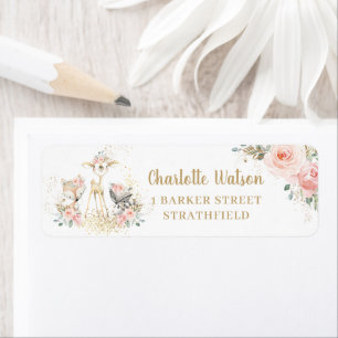Cute Woodland Animals Blush Floral Return Address Etiket