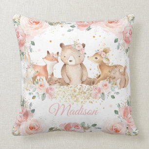 Cute Woodland Animals Blush Pink Floral Nursery  Kussen