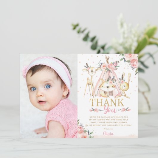 Cute Woodland Animals Boho Tribal Birthday Foto Bedankkaart (Staand voorkant)